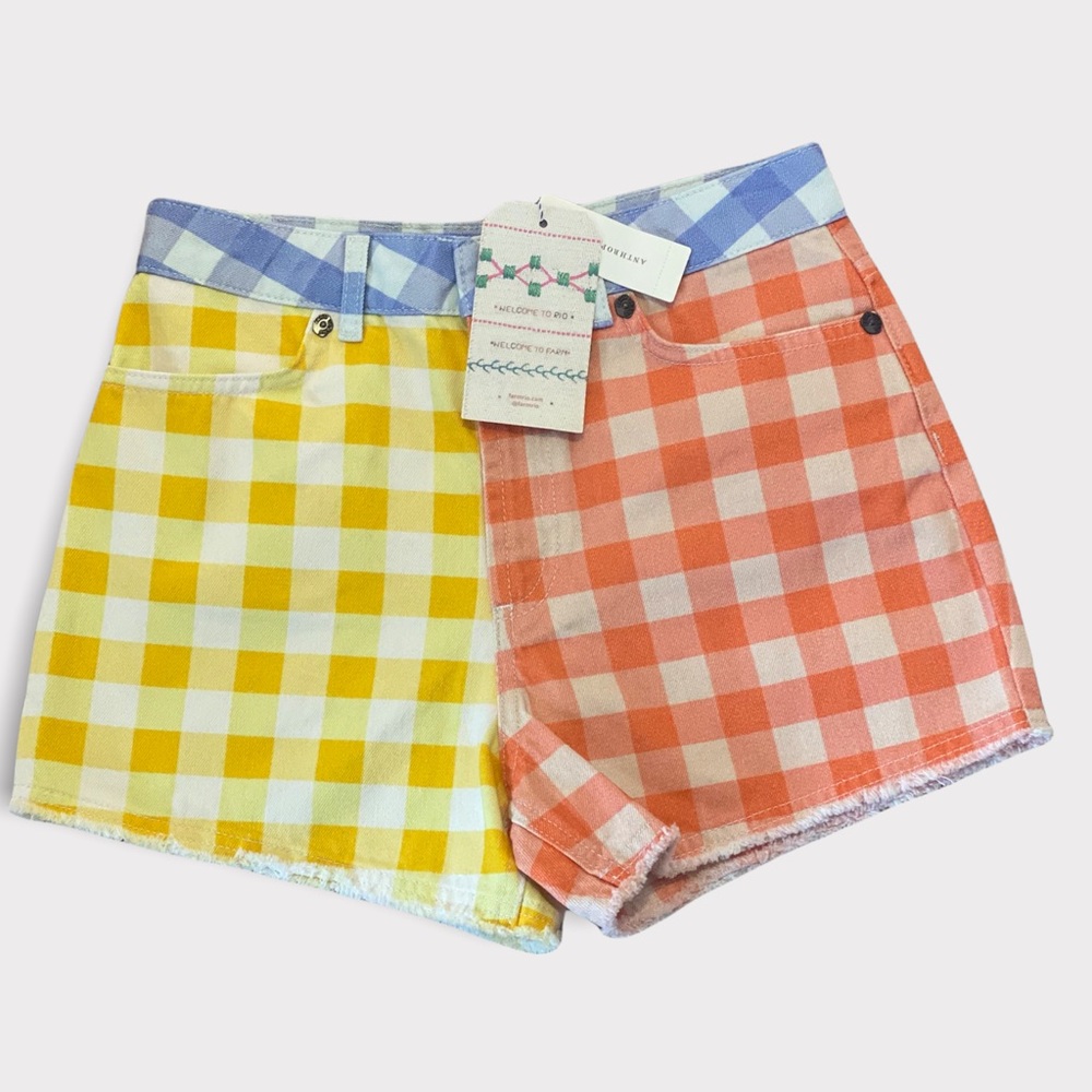 NWT Farm Rio gingam check denim cut off Anthropologie  shorts - Picture 4 of 6